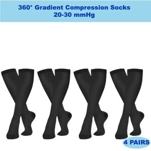 Unisex 20-30 mmHg Compression Socks XXL Knee High Medical Black Rib 4 Pack NEW